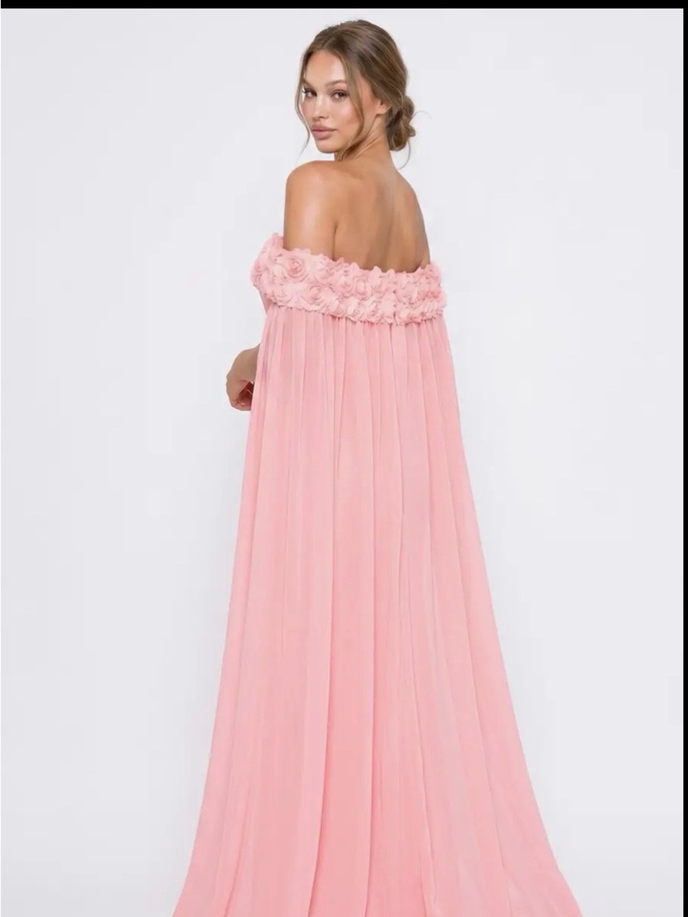 Off-Shoulder Floral Trim Pink Maxi Dress